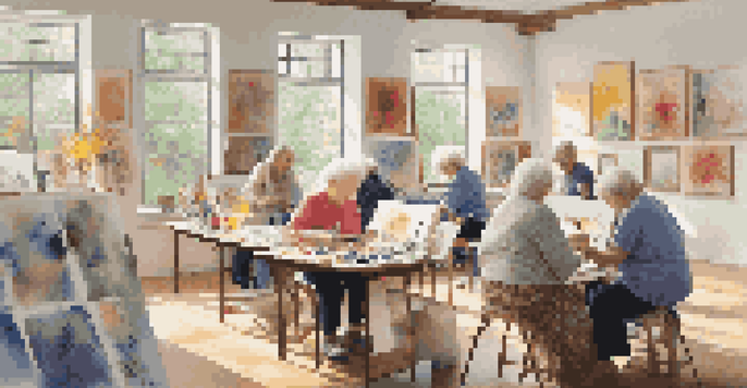 An art studio with older adults painting, filled with sunlight and colorful artwork on the walls.