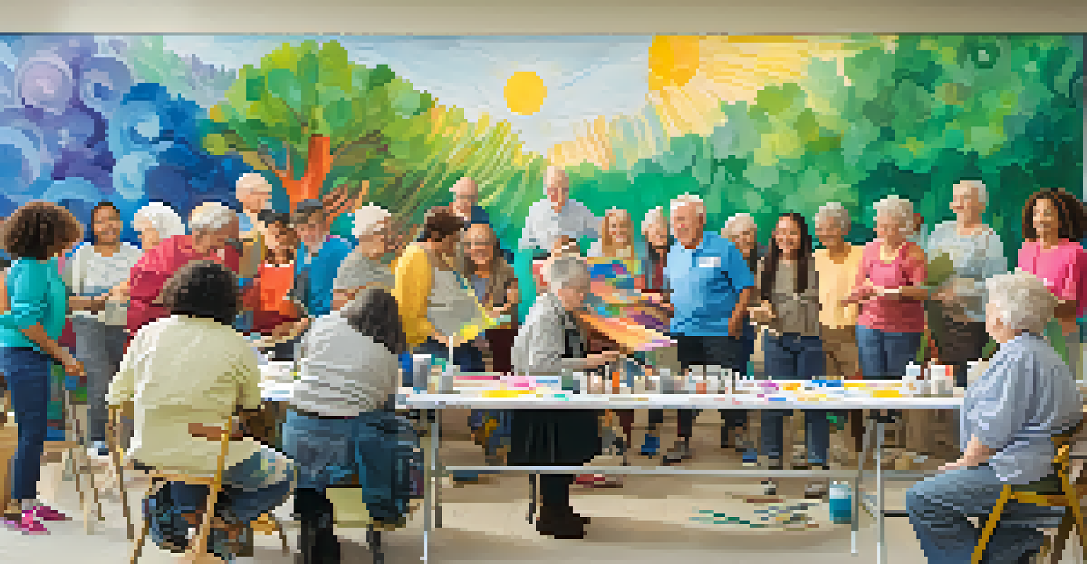 Seniors and younger participants collaborating on a colorful mural in an art workshop, showcasing teamwork and creativity.
