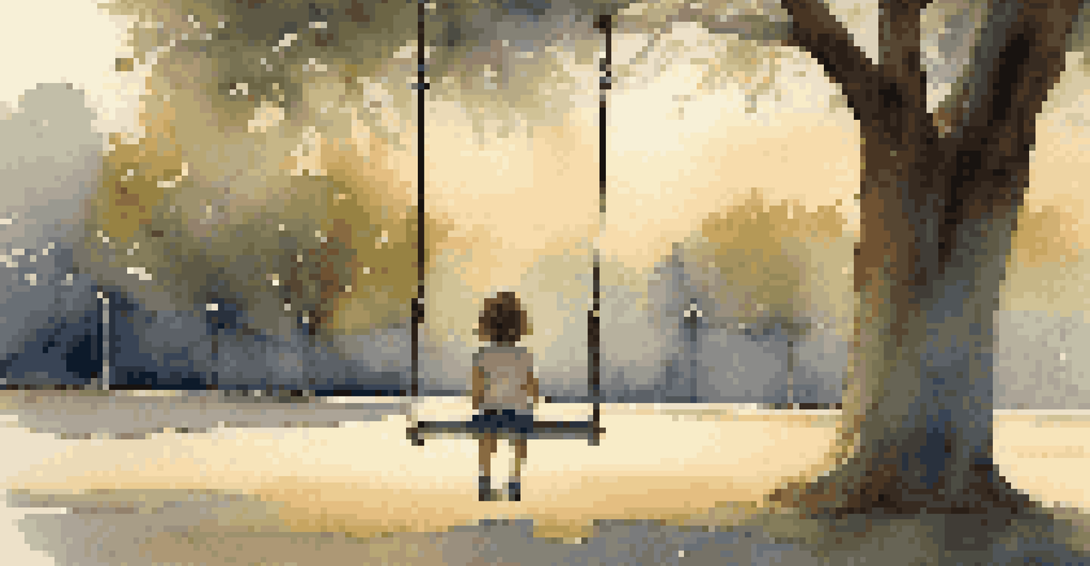A child sitting alone on a swing in an empty playground during twilight, looking contemplative with a gentle breeze rustling their hair.