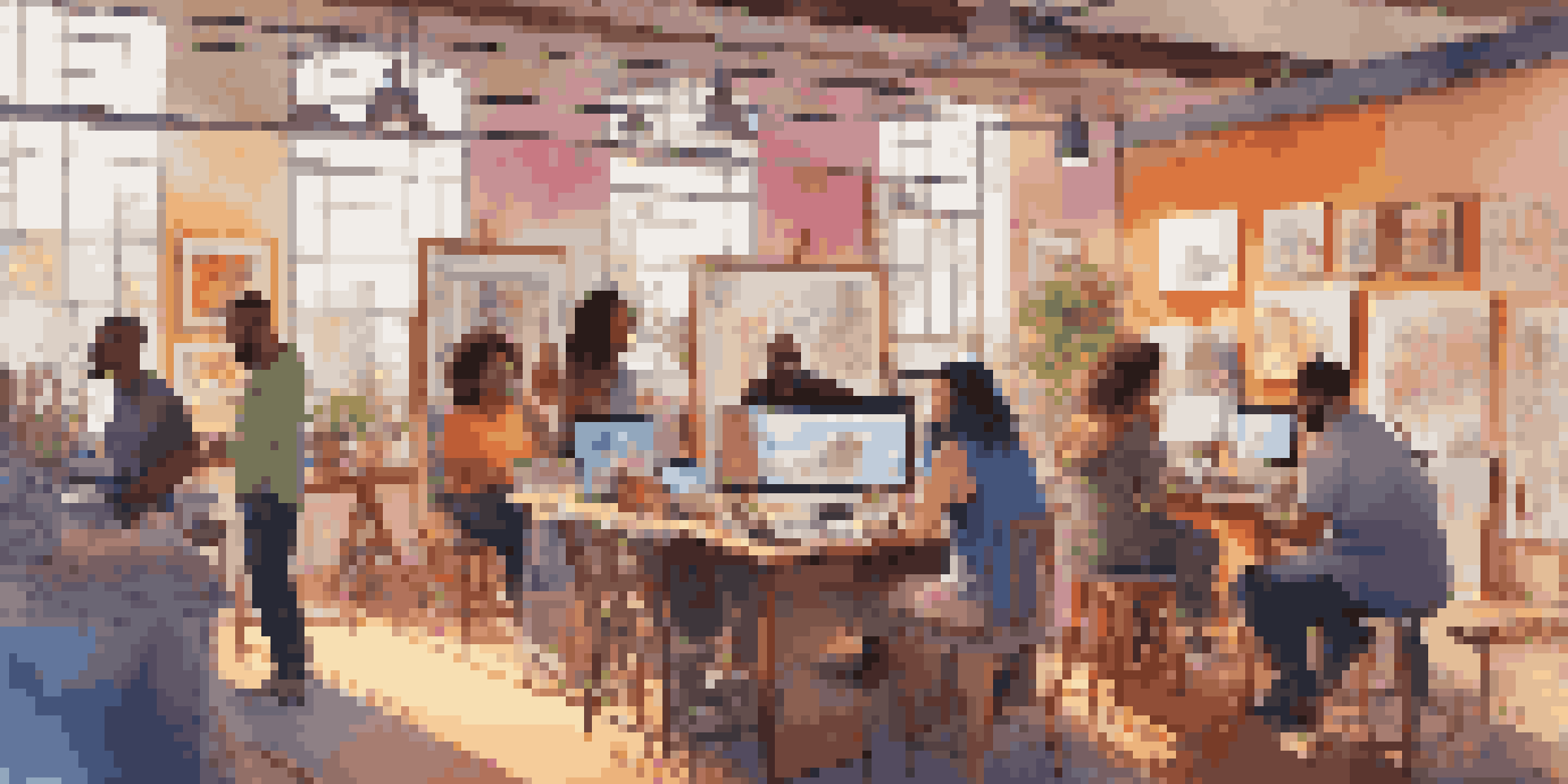 A colorful studio filled with diverse artists collaborating and creating art together under warm sunlight.