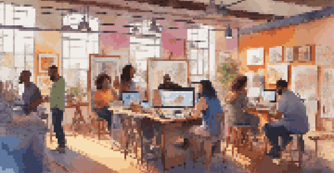 A colorful studio filled with diverse artists collaborating and creating art together under warm sunlight.