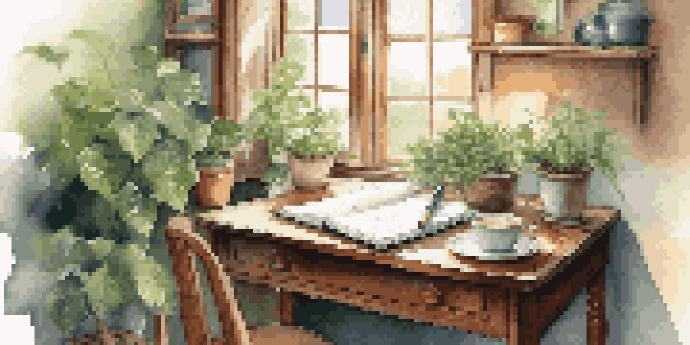 A cozy writing space with a wooden desk, plants, and a notebook with a cup of tea, illuminated by sunlight.