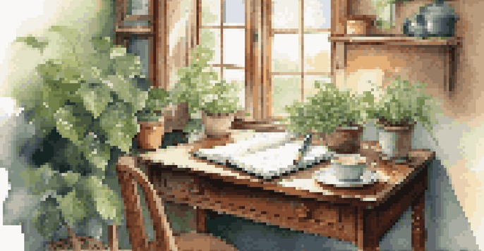 A cozy writing space with a wooden desk, plants, and a notebook with a cup of tea, illuminated by sunlight.