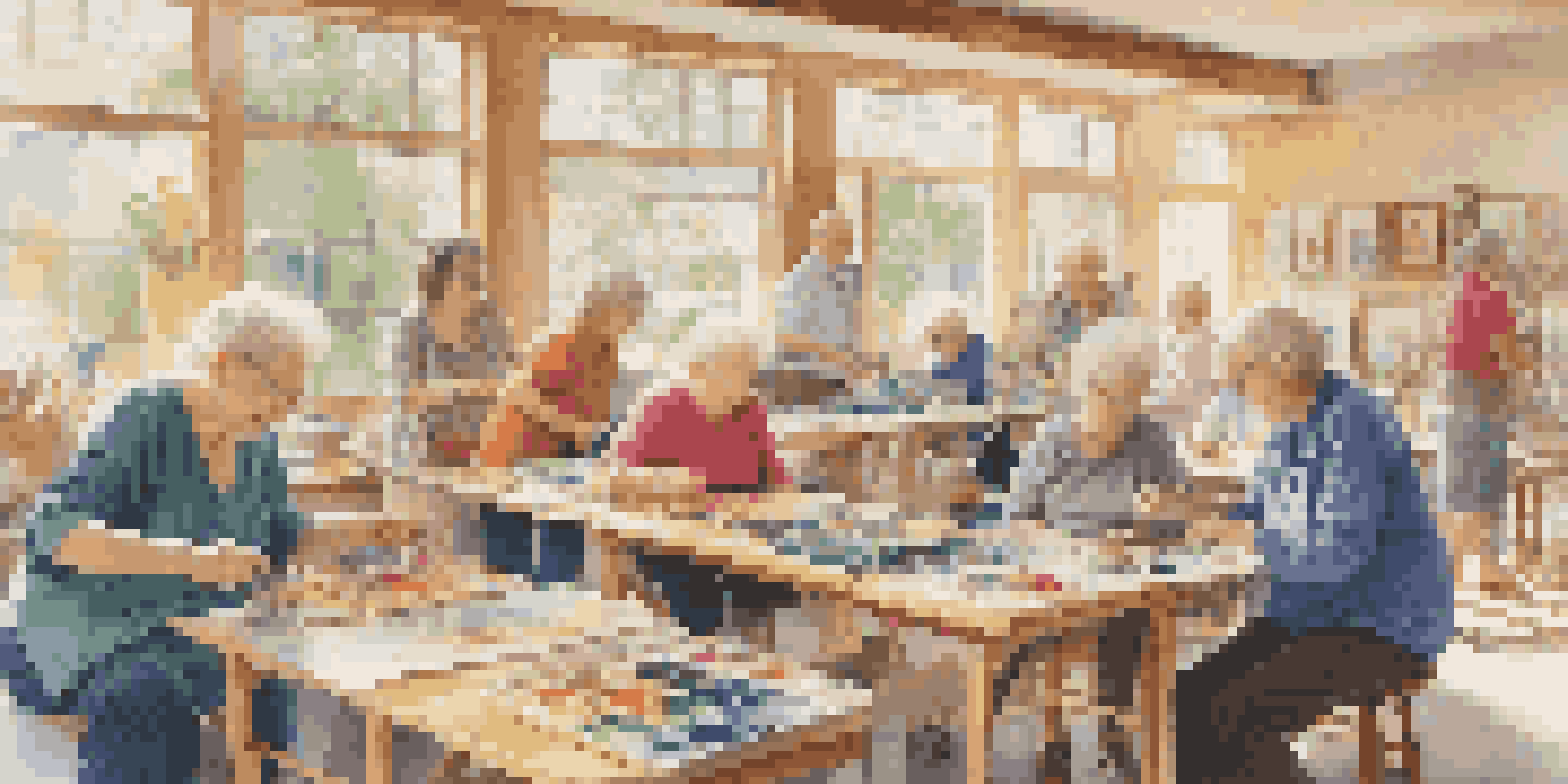 A lively community art workshop with older adults participating in creative activities such as painting and pottery, illuminated by sunlight.