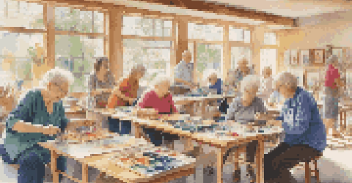 A lively community art workshop with older adults participating in creative activities such as painting and pottery, illuminated by sunlight.