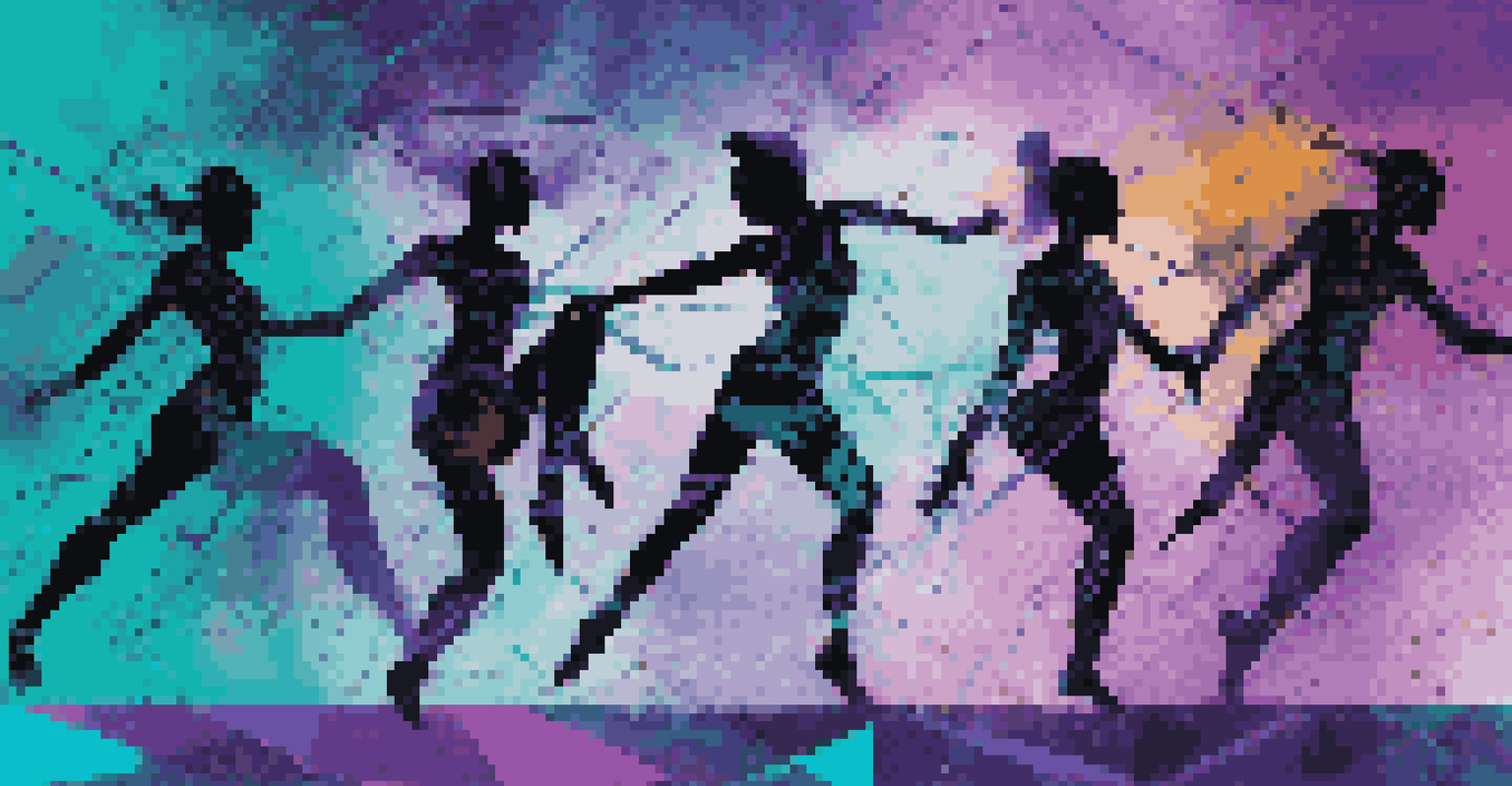 An abstract digital artwork showing silhouettes of dancers intertwined with technology, with vibrant colors and dynamic patterns.