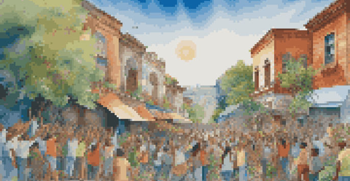 A colorful mural showing a diverse community painting together outdoors, symbolizing hope and resilience after a disaster.