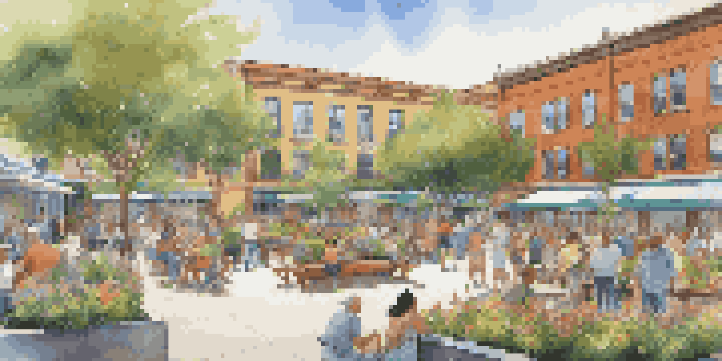 A busy community plaza with a large mural, greenery, and people enjoying the space on a sunny day.