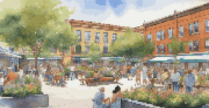 A busy community plaza with a large mural, greenery, and people enjoying the space on a sunny day.