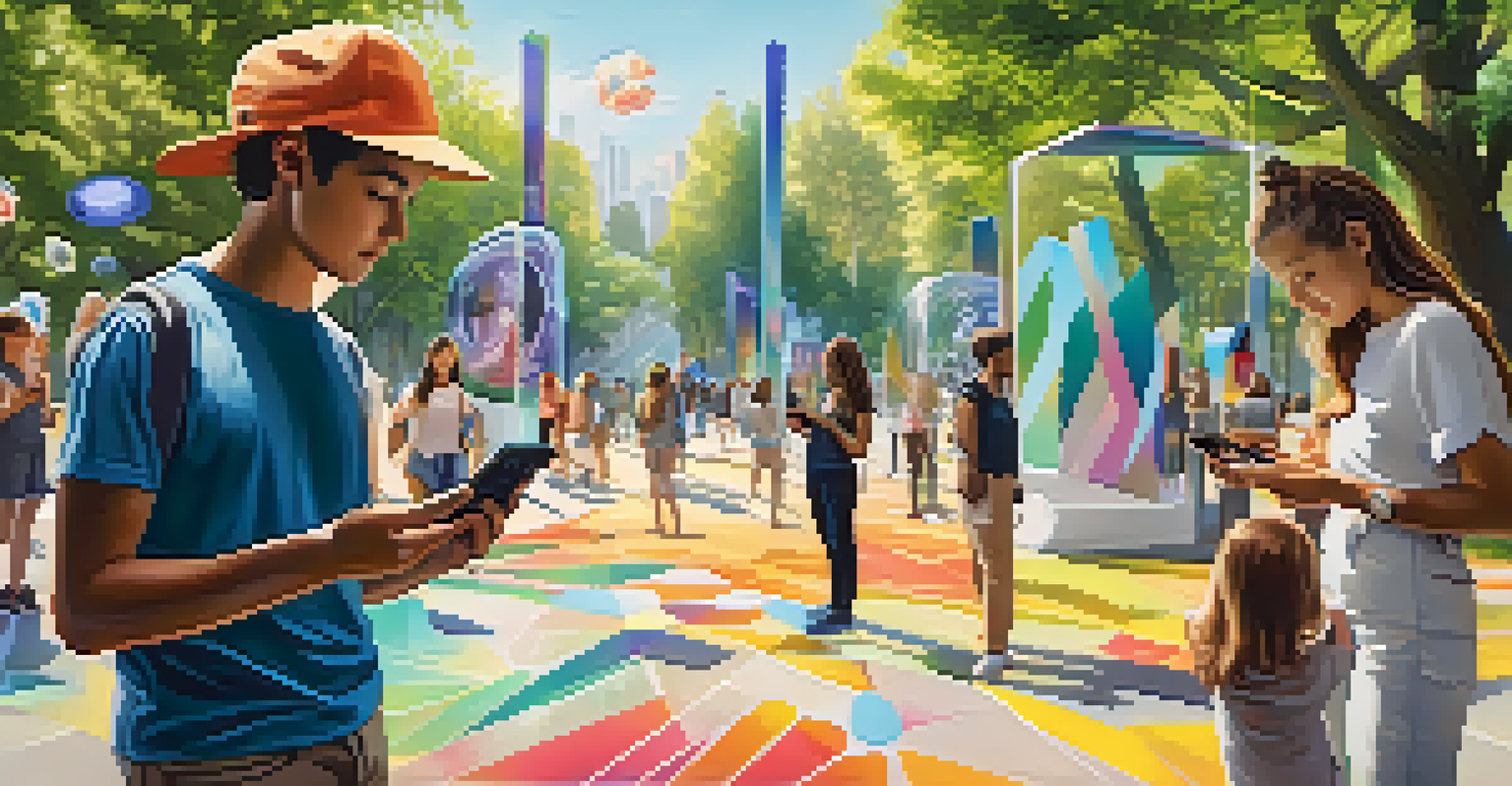 An outdoor art installation where people use smartphones to interact with augmented reality features in a sunny park.
