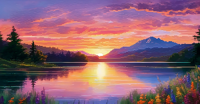 A beautiful sunset over a calm lake, with colorful reflections and lush greenery in the foreground.