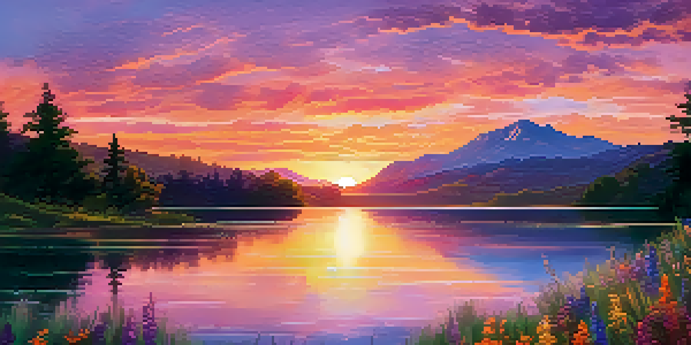 A beautiful sunset over a calm lake, with colorful reflections and lush greenery in the foreground.