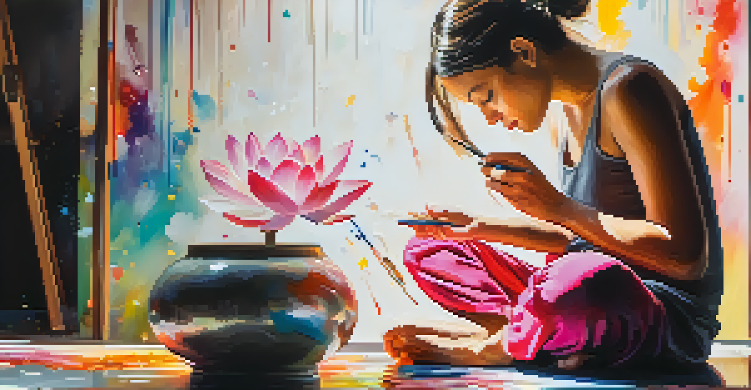 An artist painting a lotus flower while in a meditative state, with colorful paint and warm sunlight illuminating the space.