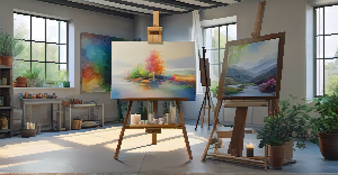 A bright and peaceful art studio with an easel, colorful canvases on the walls, and a small altar with candles and plants.