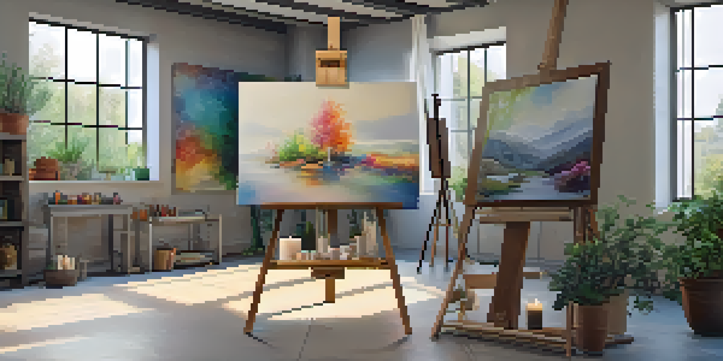 A bright and peaceful art studio with an easel, colorful canvases on the walls, and a small altar with candles and plants.
