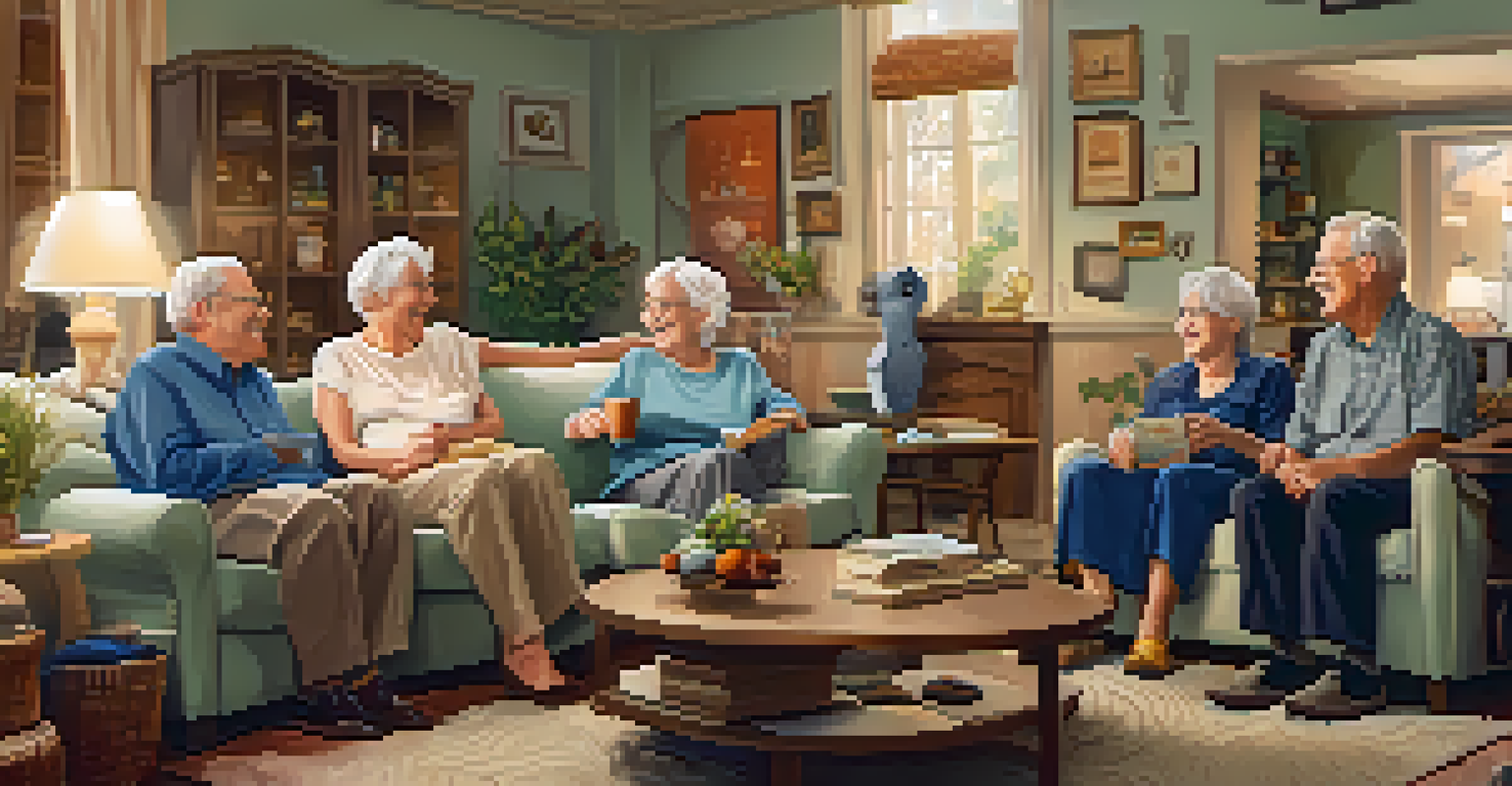 A group of elderly friends enjoying each other's company in a warm, inviting living room, sharing stories and laughter.