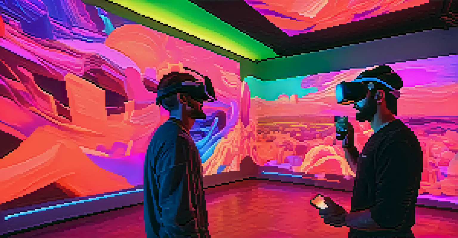 A bright room with viewers wearing VR headsets, engaging with digital landscapes projected on walls, surrounded by neon colors.