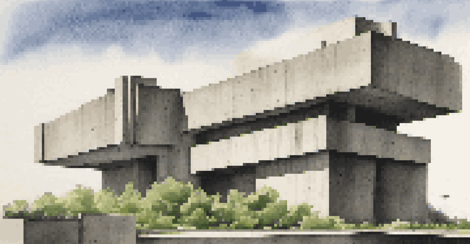 A Brutalist concrete structure with massive forms against a dramatic sky, surrounded by contrasting greenery.