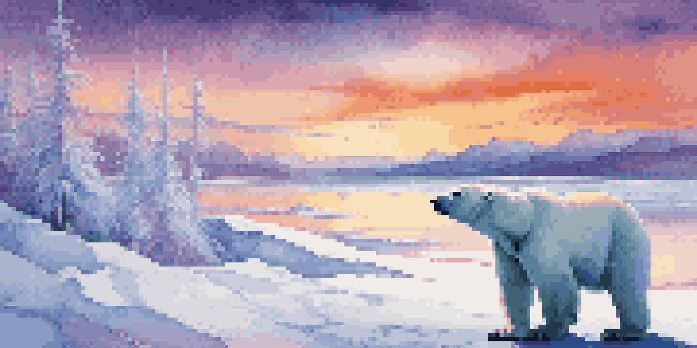 A polar bear stands on a melting ice cap beneath a colorful sunset, with ice formations and mountains in the background.