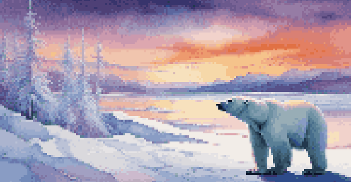 A polar bear stands on a melting ice cap beneath a colorful sunset, with ice formations and mountains in the background.
