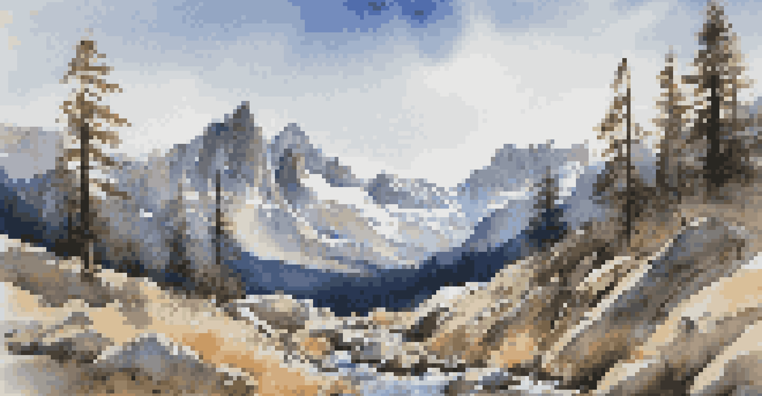 A dramatic mountain landscape with towering peaks, rocky terrain, and a bright blue sky.