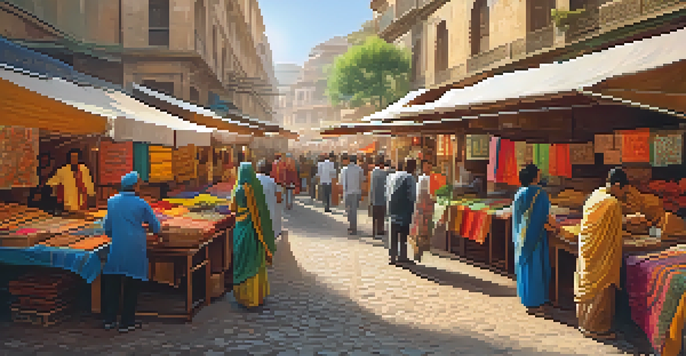A lively urban marketplace filled with colorful stalls representing various global cultures, with people interacting and trading under warm sunlight.