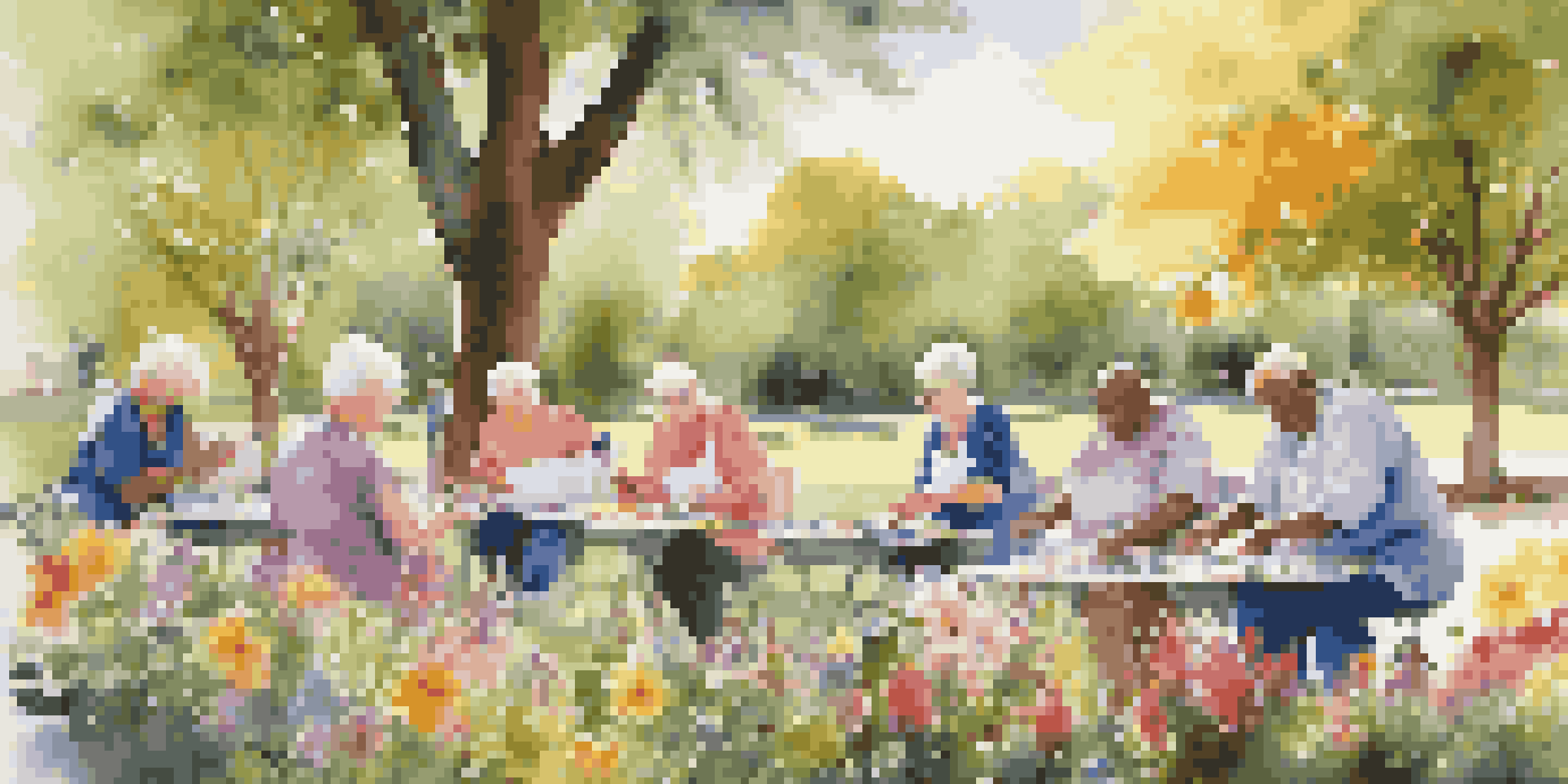 A group of seniors engaged in an outdoor art class, painting on canvases with a backdrop of colorful flowers and greenery, illuminated by warm sunlight.