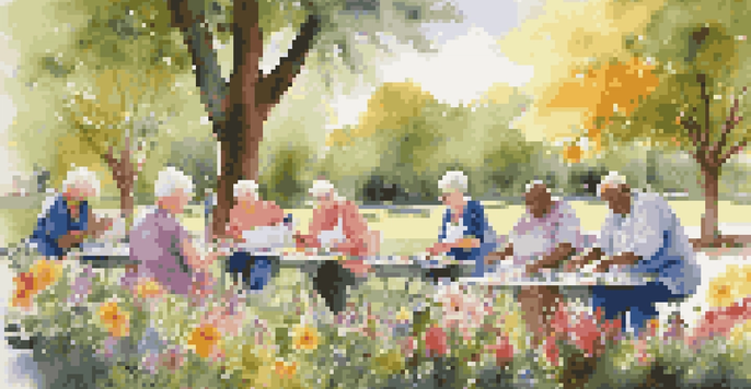 A group of seniors engaged in an outdoor art class, painting on canvases with a backdrop of colorful flowers and greenery, illuminated by warm sunlight.
