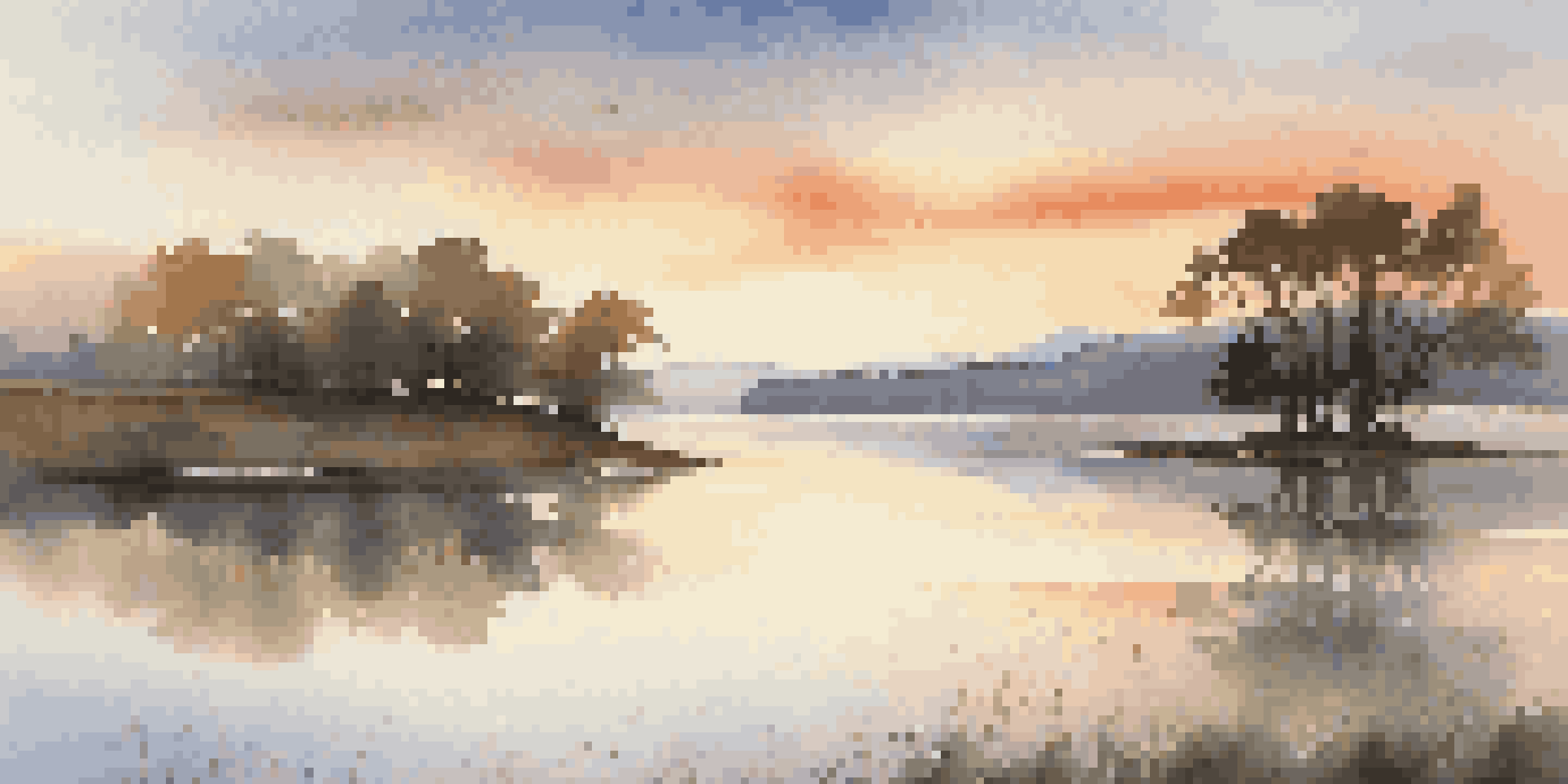 A peaceful dawn landscape with rolling hills, a calm lake, and a silhouetted tree against a colorful sky.