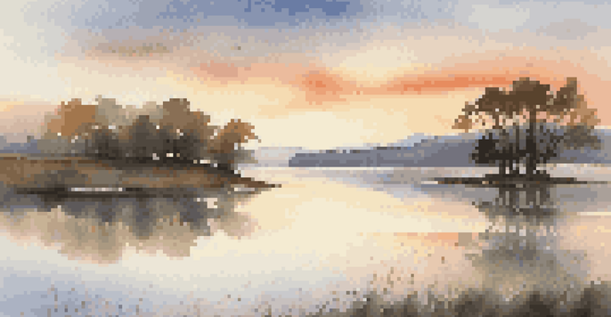 A peaceful dawn landscape with rolling hills, a calm lake, and a silhouetted tree against a colorful sky.