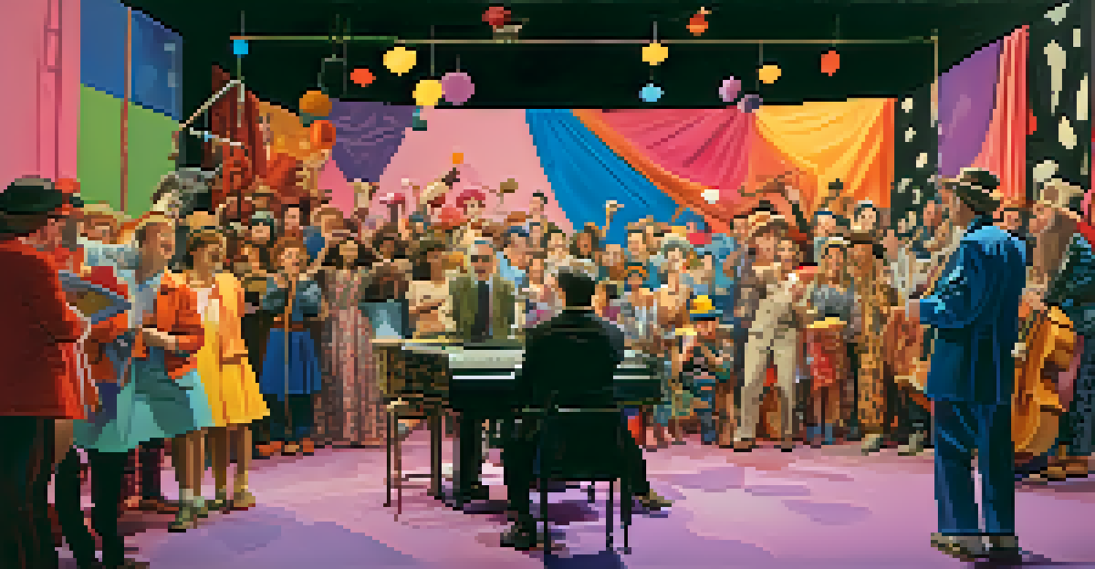 A performance artist in a quirky costume engaging with the audience, surrounded by colorful props and stage lights.