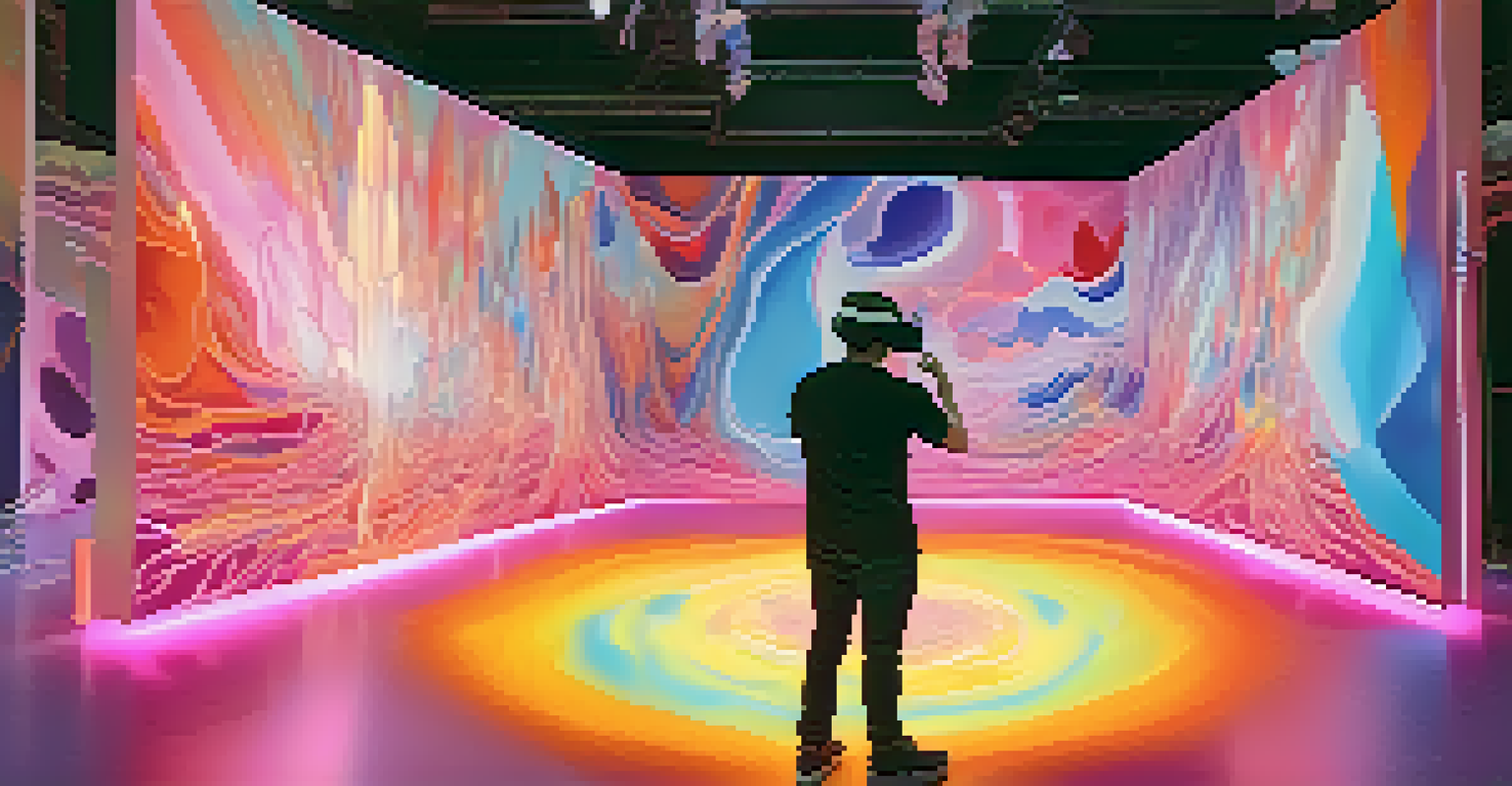 A virtual reality art installation with viewers interacting in a colorful 3D environment.