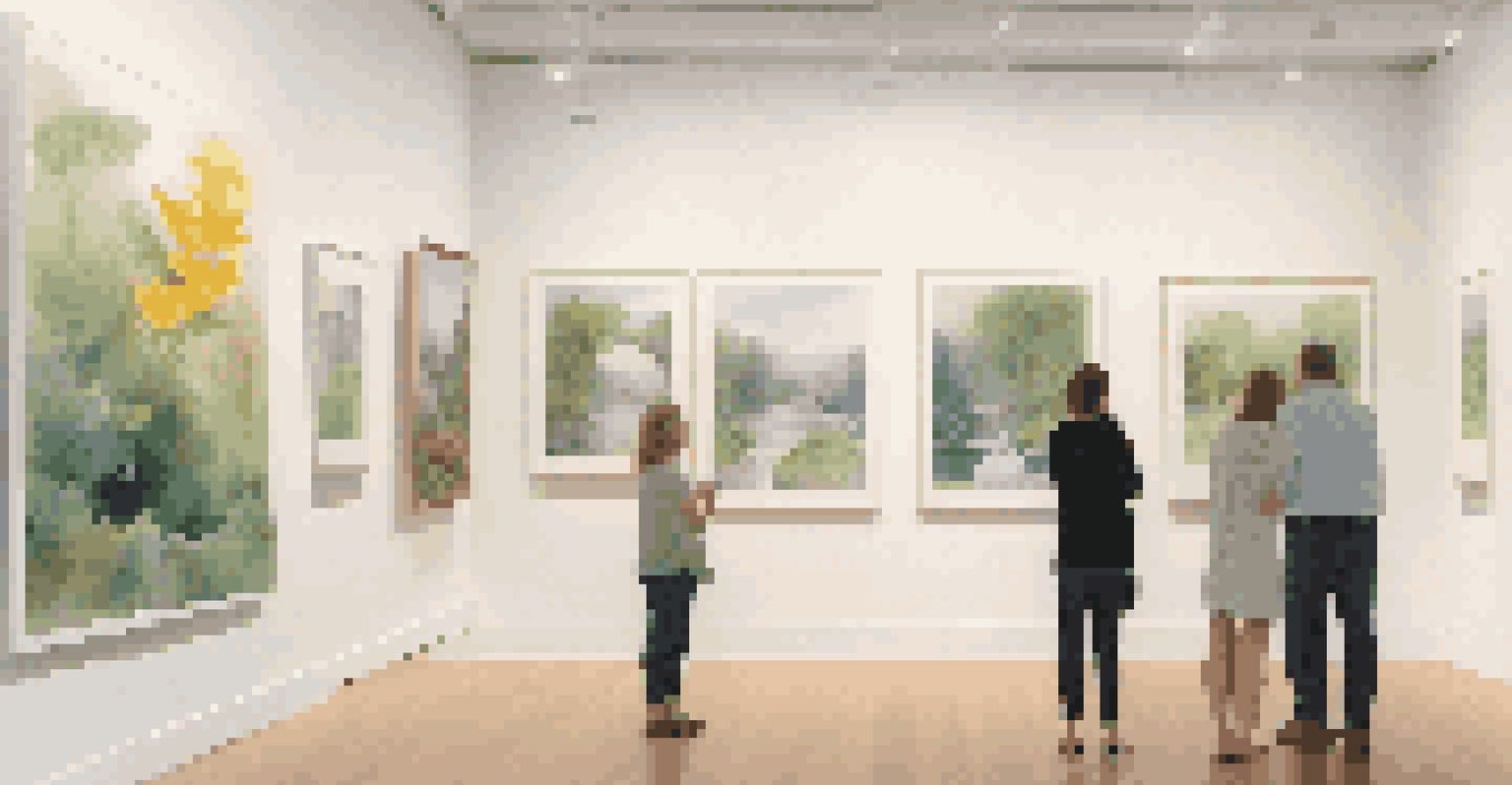 A serene gallery with bright nature scenes on canvases, ambient sounds, and fresh flower scents, inviting visitor interaction.