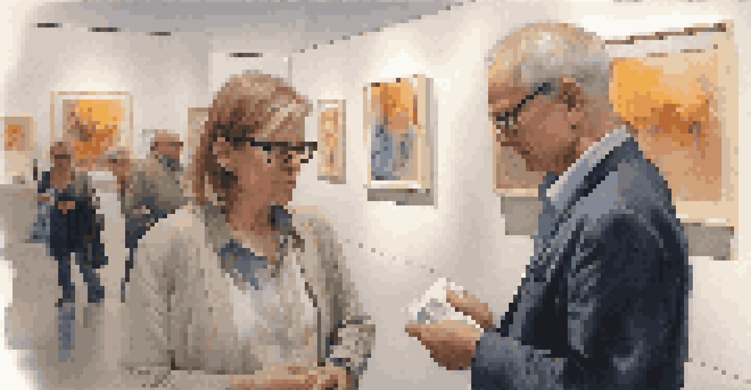 An artist and a collector engaging in a conversation about art at an art fair, surrounded by colorful artworks.