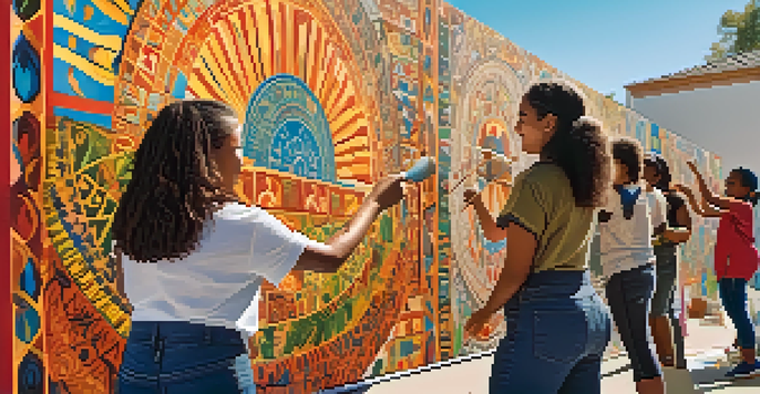 A diverse group of people engaged in a community art workshop, painting a colorful mural that reflects cultural heritage.