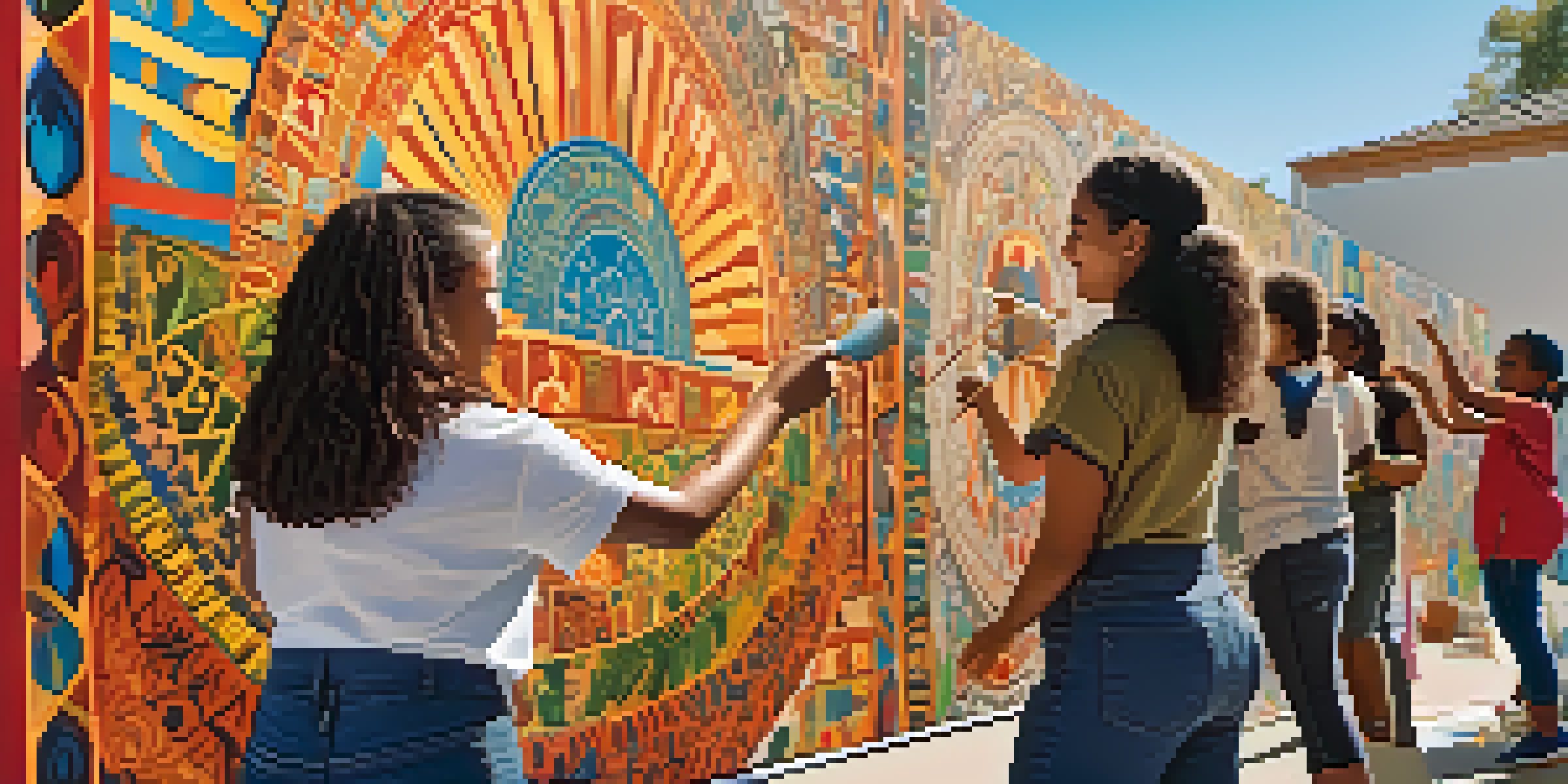 A diverse group of people engaged in a community art workshop, painting a colorful mural that reflects cultural heritage.