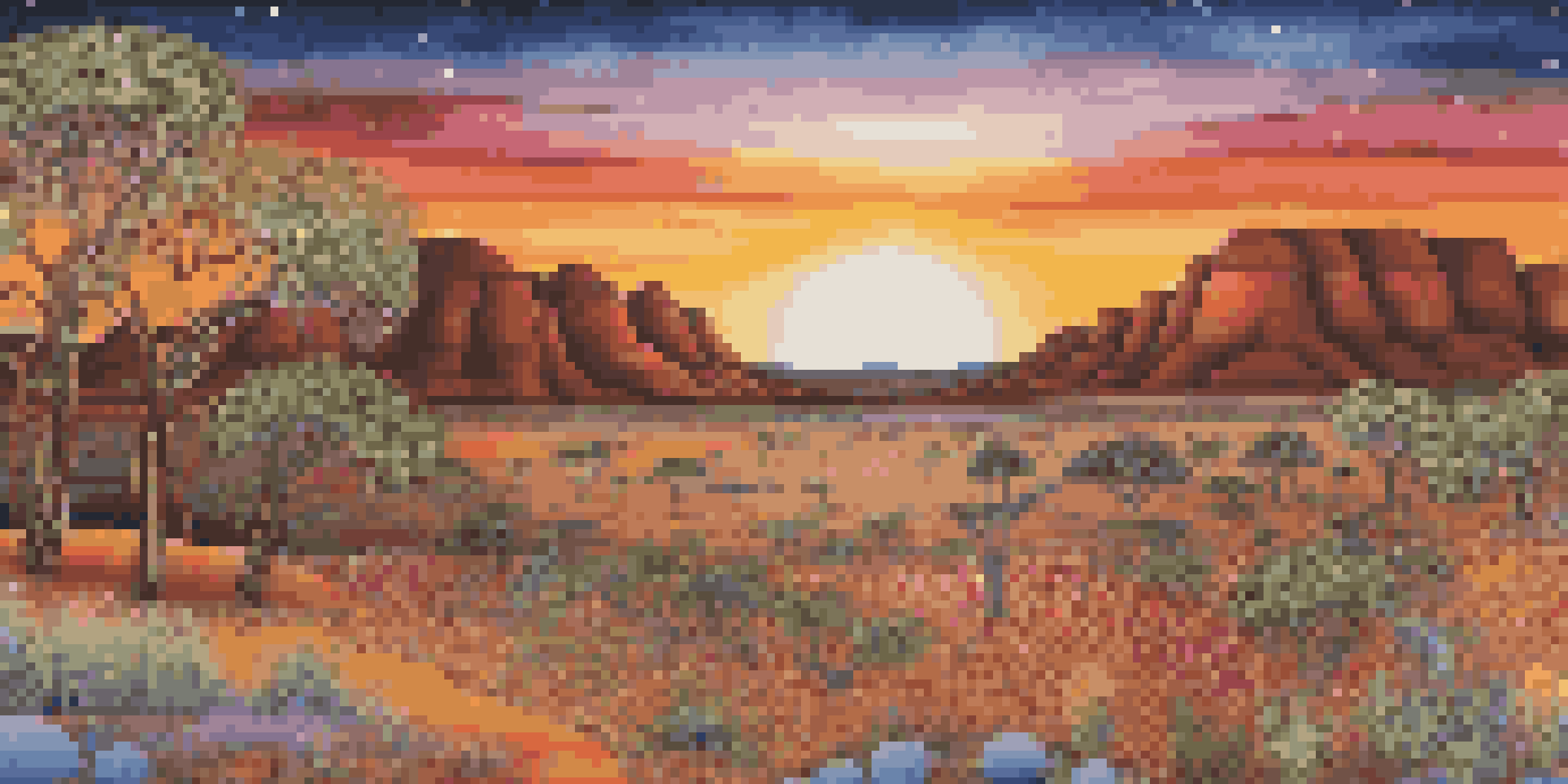 An Aboriginal dot painting showing a sunset over a desert landscape with intricate patterns and vibrant colors.
