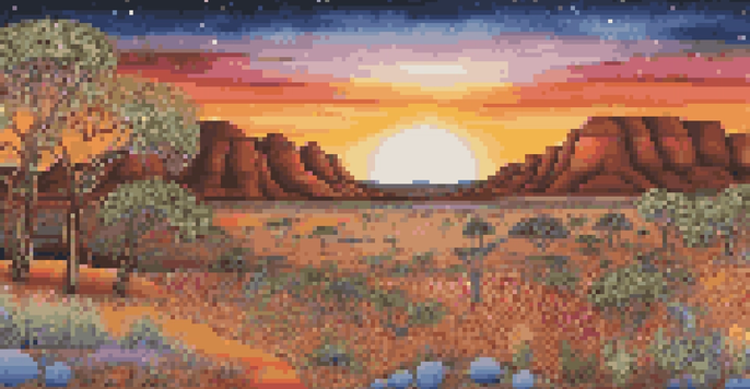 An Aboriginal dot painting showing a sunset over a desert landscape with intricate patterns and vibrant colors.