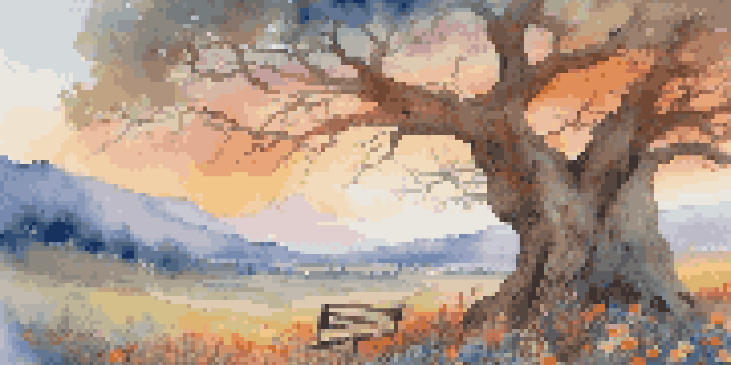 A tranquil landscape with a gnarled tree, seasonal flowers, and a sky transitioning from dawn to dusk, symbolizing the passage of time.