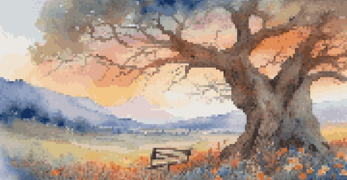 A tranquil landscape with a gnarled tree, seasonal flowers, and a sky transitioning from dawn to dusk, symbolizing the passage of time.