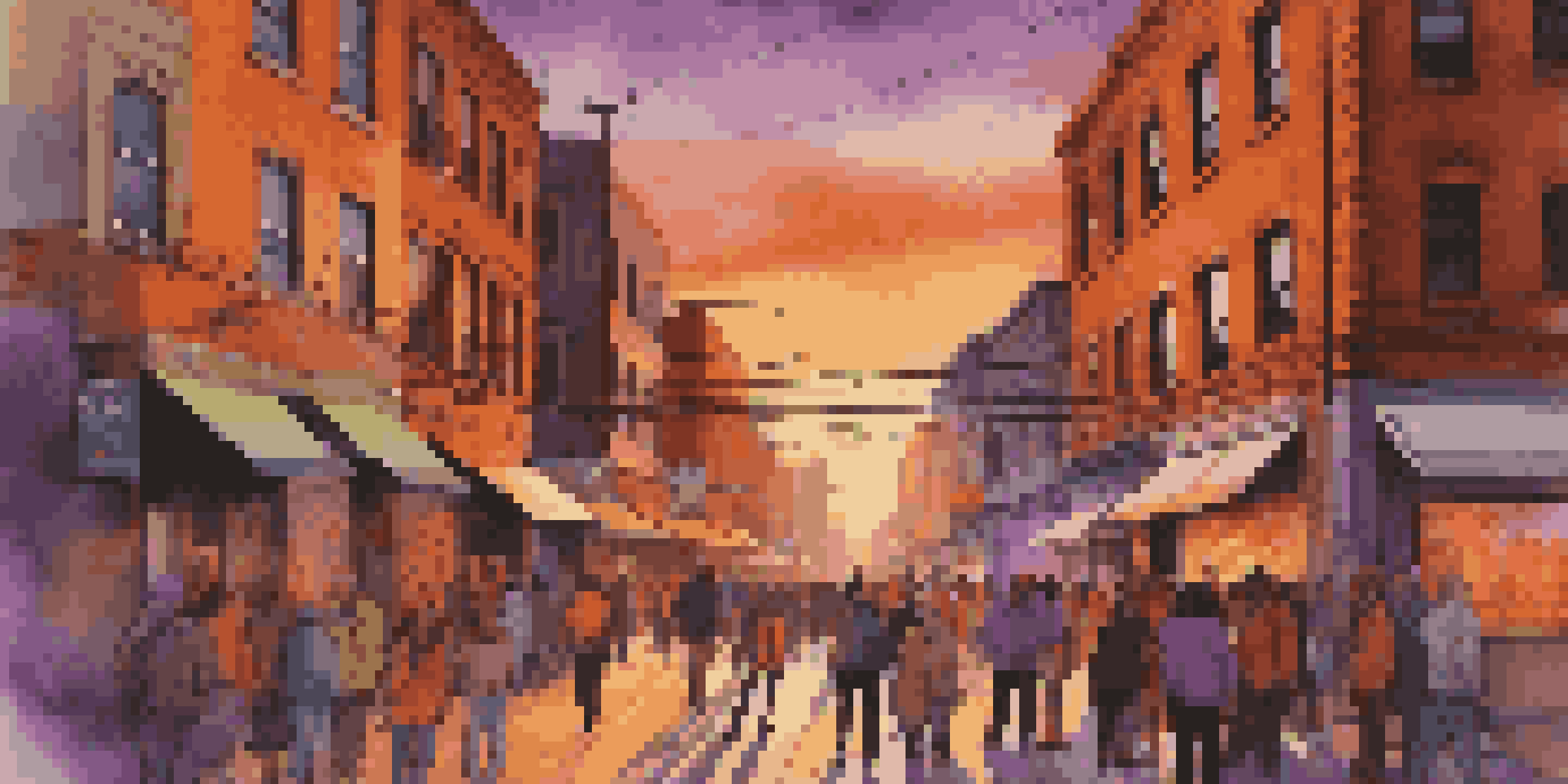 A lively urban street scene at sunset with colorful street art and diverse pedestrians.