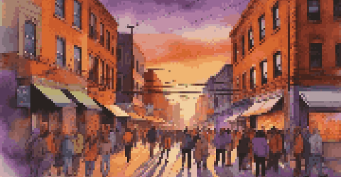 A lively urban street scene at sunset with colorful street art and diverse pedestrians.