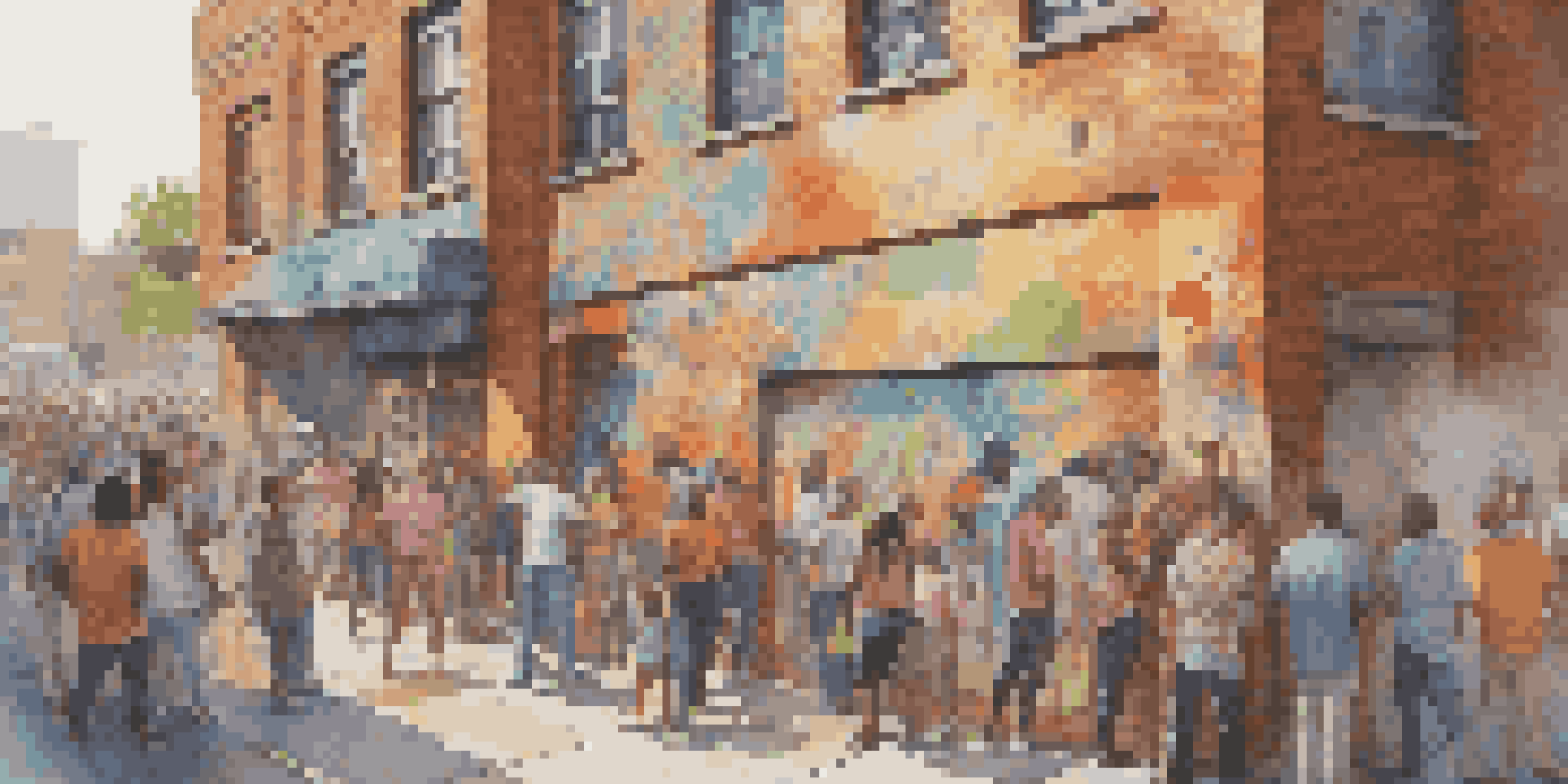 A bustling urban street with artists collaboratively painting a colorful mural, surrounded by an engaged crowd.