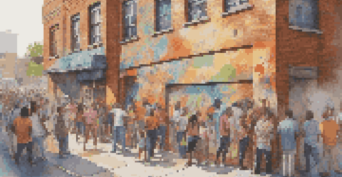 A bustling urban street with artists collaboratively painting a colorful mural, surrounded by an engaged crowd.