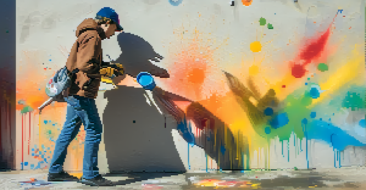 A young artist spray painting a colorful mural on a concrete wall, with paint cans and splatters around them.