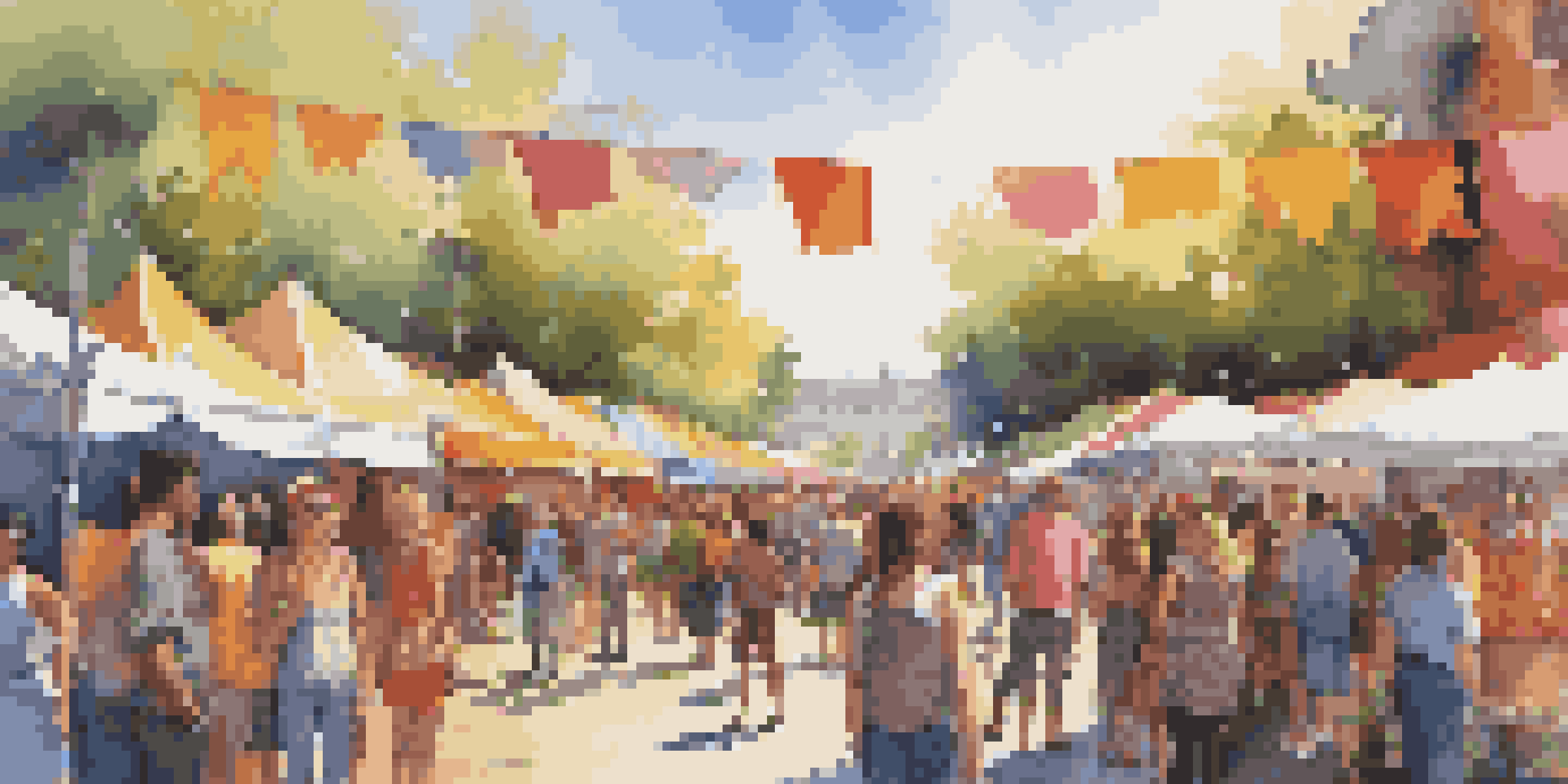 An outdoor art festival with artists painting murals, colorful tents, and a crowd enjoying the vibrant atmosphere.