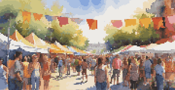 An outdoor art festival with artists painting murals, colorful tents, and a crowd enjoying the vibrant atmosphere.