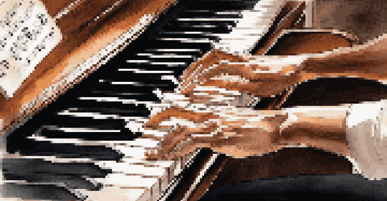 Close-up of a pianist's hands playing a grand piano with sheet music in the background.