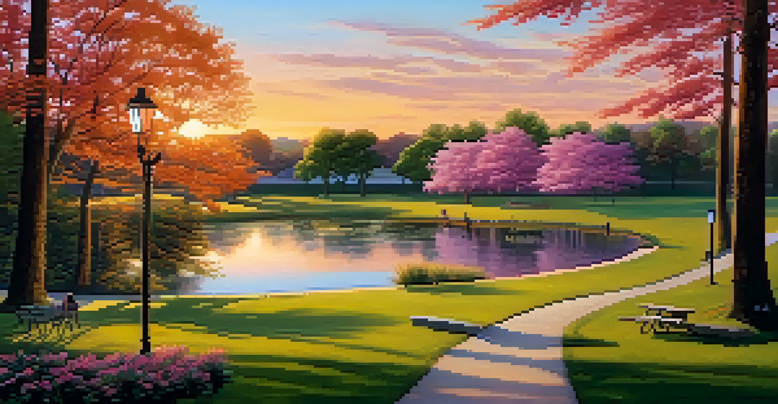 A local park at sunset with families picnicking and joggers along a winding path, framed by trees and a pond reflecting the colorful sky.