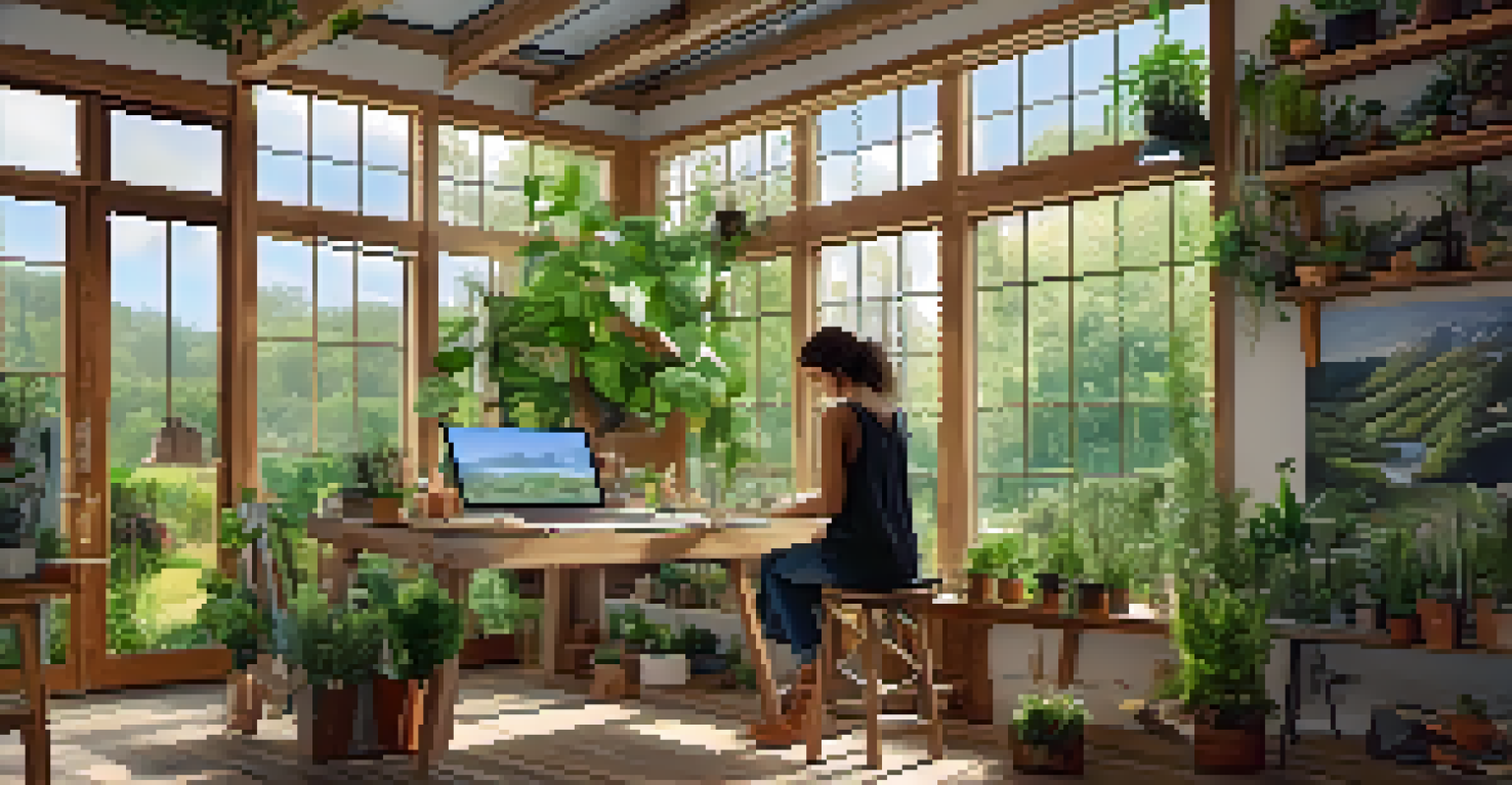 An eco-friendly art studio with natural light, featuring sustainable artworks and an artist at work.